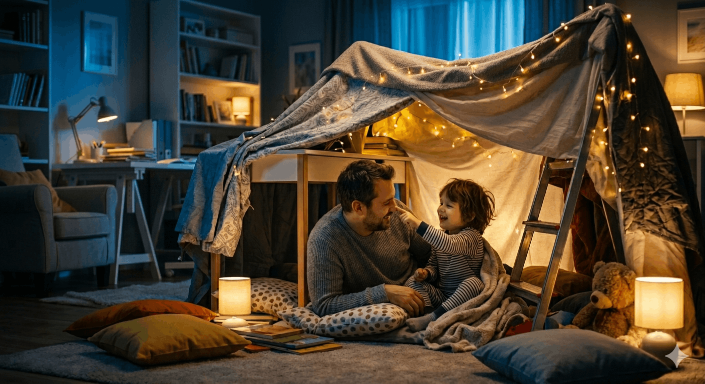Family playing underneath a makeshift tent in a room