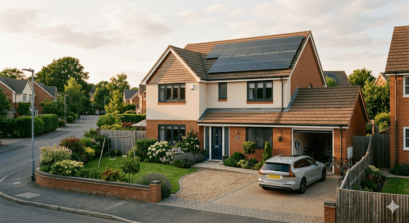 front view of a house with solar panels