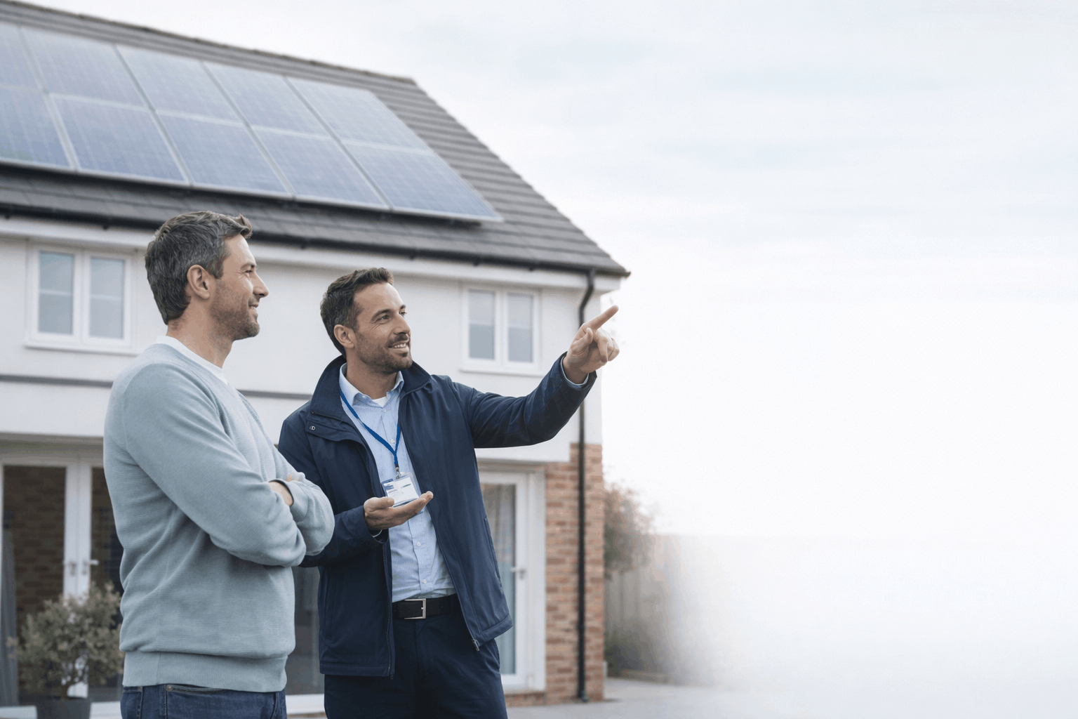 Two people standing infront of a house that has solar panels
