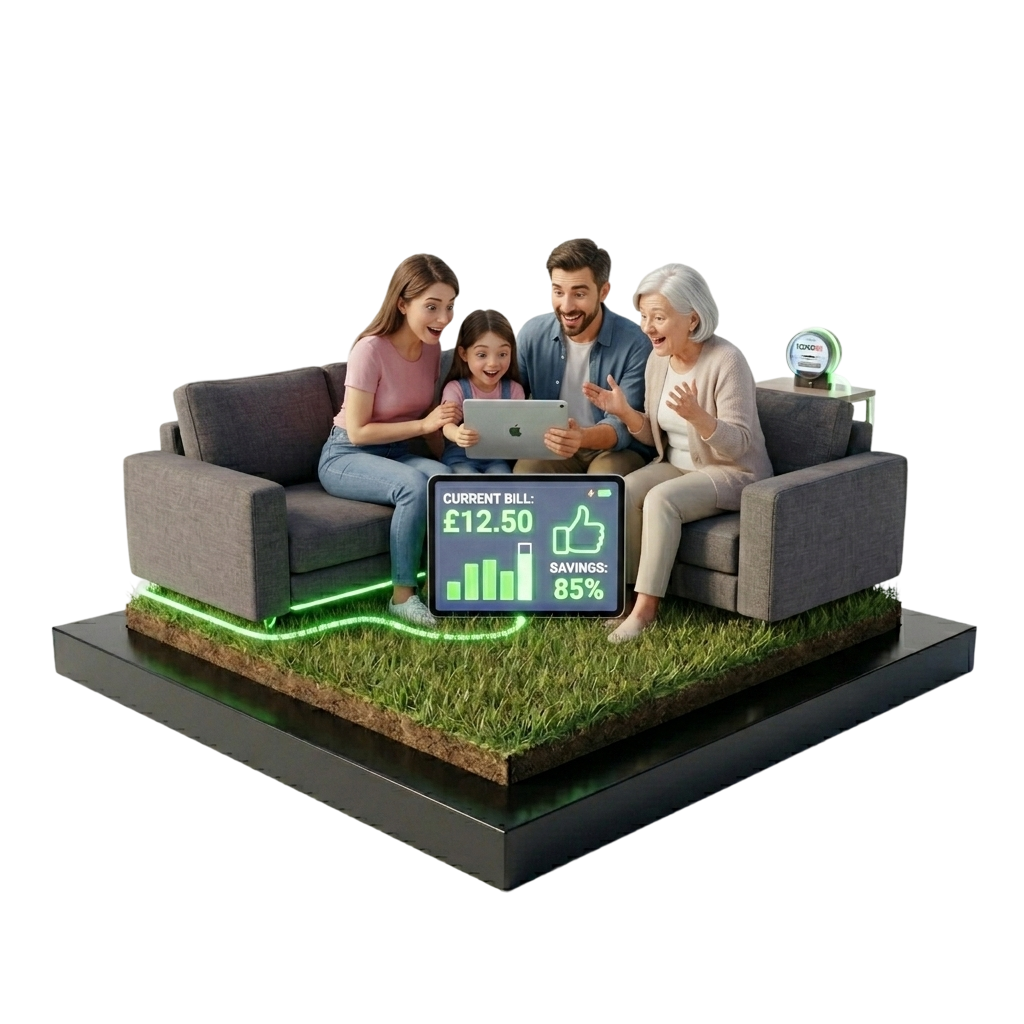 family sitting on a sofa looking at their savings