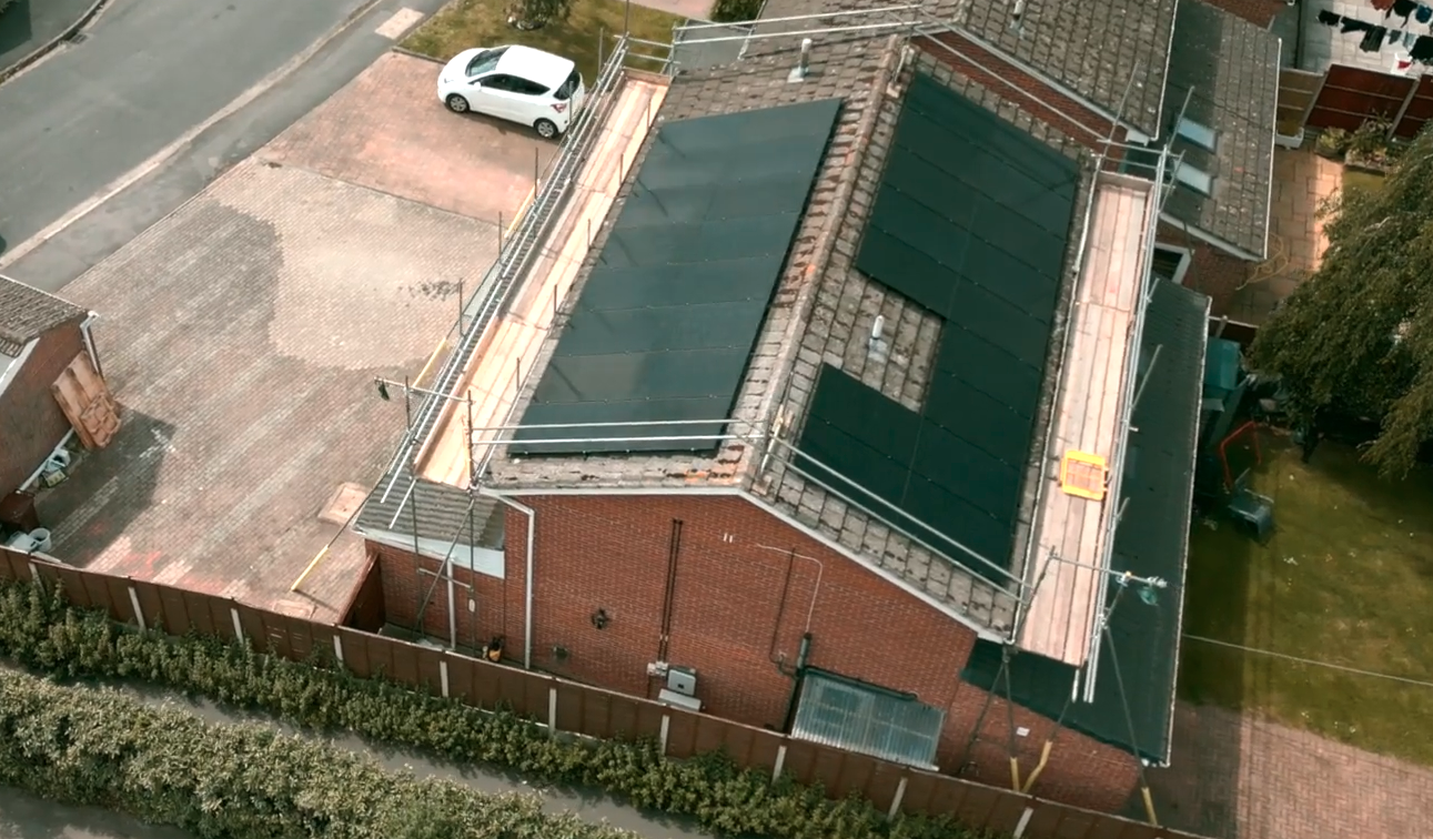 Aerial image of solar panels on a roof