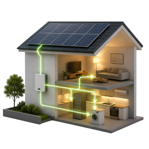House using electricity from solar panels
